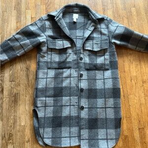 Gray Plaid Long Wool-Blend Shacket